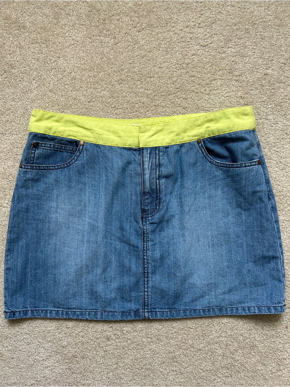 Route 66 Denim Mini Skirt with Neon Lime Waistband